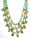 Rachel Reinhardt Kate 14k Gold Plated Triple Strand Necklace with Turquoise Cube Beads and Textured Gold Disk Dangles