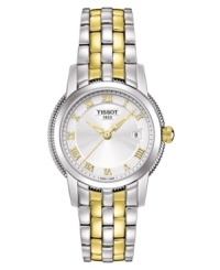 A ballad of tradition, style and finery by Tissot. This watch features a goldtone and silvertone stainless steel bracelet and round case. Silvertone dial with goldtone Roman numerals, logo and date window. Quartz movement. Water resistant to 30 meters. Two-year limited warranty. A ballad of tradition, style and finery by Tissot. This watch features a goldtone and silvertone stainless steel bracelet and round case. Silvertone dial with goldtone Roman numerals, logo and date window. Quartz movement. Water resistant to 30 meters. Two-year limited warranty.