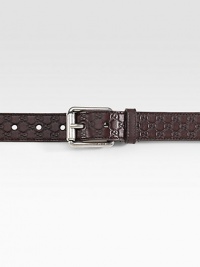 Leather belt with signature dress buckle. A textured design in micro guccissima leather. Dark palladium buckle 1.2 wide Made in Italy Leather belt with signature dress buckle. A textured design in micro guccissima leather. Dark palladium buckle 1.2 wide Made in Italy