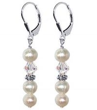 SCER086 Sterling Silver Leverback Dangle Earrings Made with Swarovski Elements 6mm Cultured Freshwater Pearl and Clear Crystal SCER086 Sterling Silver Leverback Dangle Earrings Made with Swarovski Elements 6mm Cultured Freshwater Pearl and Clear Crystal