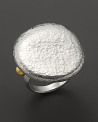 With a wide hammered silver centerpiece, this striking ring is accented with 24 Kt. yellow gold pebbles at sides. With a wide hammered silver centerpiece, this striking ring is accented with 24 Kt. yellow gold pebbles at sides.