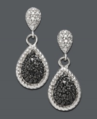 Evening chic. It's time to put on the glitz in Victoria Townsend's glamorous drop earrings. A doubled pear shape highlights glittering, round-cut white and black diamond accents. Set in sterling silver. Approximate drop: 7/8 inch. Evening chic. It's time to put on the glitz in Victoria Townsend's glamorous drop earrings. A doubled pear shape highlights glittering, round-cut white and black diamond accents. Set in sterling silver. Approximate drop: 7/8 inch.