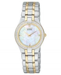 Classic design elements lend refinement to this glittering watch by Citizen. Classic design elements lend refinement to this glittering watch by Citizen.