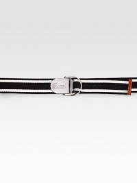 EXCLUSIVELY OURS. Signature web detail with leather trim.Silver hardwareAbout 1½ wideMade in Italy EXCLUSIVELY OURS. Signature web detail with leather trim.Silver hardwareAbout 1½ wideMade in Italy