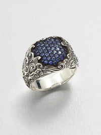 A cluster of pave sapphires set in finely detailed sterling silver.Sterling silverSapphiresAbout .75 diameterImported A cluster of pave sapphires set in finely detailed sterling silver.Sterling silverSapphiresAbout .75 diameterImported