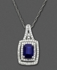 September's birthstone rests proudly in a shining setting on this 14k white gold pendant featuring emerald-cut sapphire (1/6 ct. t.w.) and round-cut diamond (1/4 ct. t.w.). Approximate length: 18 inches. Approximate drop: 3/4 inch. September's birthstone rests proudly in a shining setting on this 14k white gold pendant featuring emerald-cut sapphire (1/6 ct. t.w.) and round-cut diamond (1/4 ct. t.w.). Approximate length: 18 inches. Approximate drop: 3/4 inch.