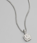 From the Petite Albion Collection. Squared and tiered, a pretty pendant shimmers with pavé diamonds and hangs from a sterling silver box chain. Diamonds, 0.34 tcw Chain length, about 17 Pendant, about ½ square Lobster clasp Made in USA