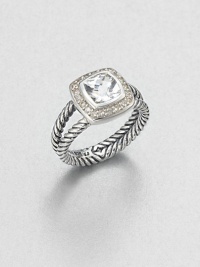 From the Petite Albion Collection. A beautifully faceted square white topaz surrounded in dazzling diamond set in sterling silver on double cable shank. White topazDiamonds, .2 tcwSterling silverWidth, about .25Imported From the Petite Albion Collection. A beautifully faceted square white topaz surrounded in dazzling diamond set in sterling silver on double cable shank. White topazDiamonds, .2 tcwSterling silverWidth, about .25Imported
