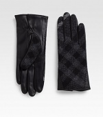 Cold weather essential revamped with buttery soft leather palms and classic check in tweed on top. About 9 long Cashmere lining Palm; leather, outer; wool Imported 