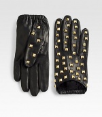 EXCLUSIVELY AT SAKS.COM. A supple, cropped leather design gets a little edgy with studded detail.About 5 longLeatherSilk liningDry cleanMade in Italy