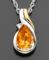 A lovely gem with a truly unique hue. This faceted, pear-cut citrine (5/8 ct. t.w.) pendant set in 14k gold & sterling silver is enhanced with round-cut diamond accents. Pendant hangs from a sterling silver chain. Approximate length: 18 inches. Approximate drop: 1/2 inches.