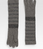 Eye-catching metallic threads lend dazzling style to these striped, wool-blend gloves.Merino Wool/Metallic Yarns/NylonAbout 16.5 longDry cleanImported