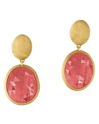 Pink sapphire is framed in 18K yellow gold on these brilliant Marco Bicego earrings. Pink sapphire is framed in 18K yellow gold on these brilliant Marco Bicego earrings.