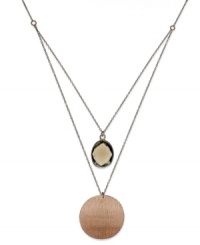 An eclectic mix of colors adds bohemian flair. Studio Silver's chic layered style features a smokey quartz gemstone (12 ct. t.w.) and a shimmery 18k rose gold over sterling silver disc. Chain crafted in sterling silver for a unique two-tone look. Approximate length: 25 inches. Approximate drop length: 3/4 inch. Approximate drop width: 1/2 inch. An eclectic mix of colors adds bohemian flair. Studio Silver's chic layered style features a smokey quartz gemstone (12 ct. t.w.) and a shimmery 18k rose gold over sterling silver disc. Chain crafted in sterling silver for a unique two-tone look. Approximate length: 25 inches. Approximate drop length: 3/4 inch. Approximate drop width: 1/2 inch.
