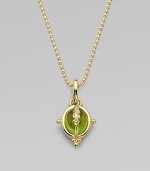 A smooth, peridot cabochon locket with three dazzling diamonds, all set in 18k gold. PeridotDiamonds, .025 tcw18k goldSize, about ¼Fixed baleMade in ItalyPlease note: Chain not included. 