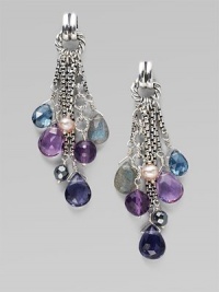 From the Bijoux Collection. A cluster of pretty amethyst, labordarite, iolite, hematite and cultured freshwater pearl beads that dangle on sterling silver chains. Amethyst, hematite and cultured freshwater pearlsLabordarite and ioliteSterling silverDrop, about 2¼Post backImported From the Bijoux Collection. A cluster of pretty amethyst, labordarite, iolite, hematite and cultured freshwater pearl beads that dangle on sterling silver chains. Amethyst, hematite and cultured freshwater pearlsLabordarite and ioliteSterling silverDrop, about 2¼Post backImported