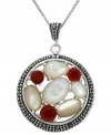 Stylish stones take center stage in Genevieve & Grace's sterling silver necklace and pendant. Carnelian (1-1/5 ct. t.w.), marcasite and mother of pearl (8-5/8 ct. t.w.) make a vibrant statement. Approximate length: 18 inches. Approximate drop: 1-5/6 inches. Approximate drop width: 1-1/8 inches.