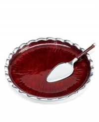 Full of surprises, this handcrafted collection of cake plates from the Simply Designz collection of serveware and serving dishes pairs sleek, polished aluminum with a fluted edge and lustrous burgundy enamel. With a coordinating server, there's no better way to enjoy dessert! Full of surprises, this handcrafted collection of cake plates from the Simply Designz collection of serveware and serving dishes pairs sleek, polished aluminum with a fluted edge and lustrous burgundy enamel. With a coordinating server, there's no better way to enjoy dessert!