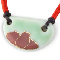 Pastel Red And Aqua Green Painted Lotus Flower Ceramic Pendant With Coco Brown Adjustable Necklace And Ruby Red Ribbon Detail Pastel Red And Aqua Green Painted Lotus Flower Ceramic Pendant With Coco Brown Adjustable Necklace And Ruby Red Ribbon Detail