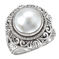 925 Silver & Mabe Pearl Intricate Scroll Ring- Sizes 6-8