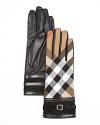 Burberry marries its classic check print with leather and suede for stunningly chic, belted gloves.