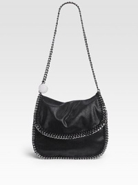 A saddle bag shape with fold-over flap features a whipstitched tonal thread and a silvertone chain woven around the fabric.Shoulder chain, 14½ drop Flap closure One inside zip pocket Nylon logo lining Polyester 11W X 10H X 4D Made in Italy A saddle bag shape with fold-over flap features a whipstitched tonal thread and a silvertone chain woven around the fabric.Shoulder chain, 14½ drop Flap closure One inside zip pocket Nylon logo lining Polyester 11W X 10H X 4D Made in Italy
