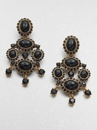 An elegant style with cabochons accented with faceted stones. ResinPewter and brassDrop, about 3.75Clip-on backMade in USA An elegant style with cabochons accented with faceted stones. ResinPewter and brassDrop, about 3.75Clip-on backMade in USA