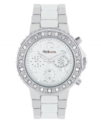 Blind them with glamour. Bright watch by Style&co. crafted of silver tone and white mixed metal bracelet and round case. Mother-of-pearl dial features numerals and stick indices, crystal accents at markers, minute track, three multifunctional subdials, three hands and logo. Quartz movement. Splash resistant. Two-year limited warranty. Blind them with glamour. Bright watch by Style&co. crafted of silver tone and white mixed metal bracelet and round case. Mother-of-pearl dial features numerals and stick indices, crystal accents at markers, minute track, three multifunctional subdials, three hands and logo. Quartz movement. Splash resistant. Two-year limited warranty.