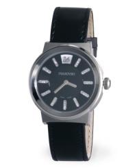 Make your mark with this perfectly feminine take on black-on-black. Piazza watch by Swarovski crafted of black leather strap and round stainless steel case. Black enamel dial features four crystal at each marker, logo at twelve o'clock and two silver tone hands. Swiss quartz movement. Water resistant to 30 meters. Two-year limited warranty. Make your mark with this perfectly feminine take on black-on-black. Piazza watch by Swarovski crafted of black leather strap and round stainless steel case. Black enamel dial features four crystal at each marker, logo at twelve o'clock and two silver tone hands. Swiss quartz movement. Water resistant to 30 meters. Two-year limited warranty.