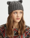 The purr-fect wool topper features knit cat ears.WoolSpot cleanMade in the USA