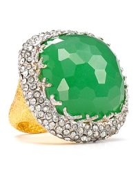A chunky cocktail ring from Alexis Bittar is perfect as a focal point. This piece features a chrysophase stone set in gold tone plate and rimmed in Swarovski crystals. A chunky cocktail ring from Alexis Bittar is perfect as a focal point. This piece features a chrysophase stone set in gold tone plate and rimmed in Swarovski crystals.