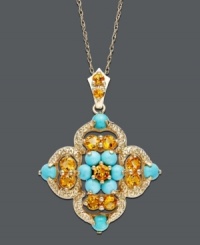 Turn heads with this bold pendant in a summery splash of color. Crafted in 14k gold, this intricate diamond-shaped pendant features round-cut turquoise (1-1/5 ct. t.w.) and round-cut citrine (5/8 ct. t.w.) for a bright and bold mix. Approximate length: 18 inches. Approximate drop: 1 inch. Turn heads with this bold pendant in a summery splash of color. Crafted in 14k gold, this intricate diamond-shaped pendant features round-cut turquoise (1-1/5 ct. t.w.) and round-cut citrine (5/8 ct. t.w.) for a bright and bold mix. Approximate length: 18 inches. Approximate drop: 1 inch.