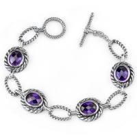 Dramatic Chic: Designer Inspired Sterling Silver Rhodium Finish Cable Design Toggle Bar Oval Link Bracelet with Purple CZ Dramatic Chic: Designer Inspired Sterling Silver Rhodium Finish Cable Design Toggle Bar Oval Link Bracelet with Purple CZ