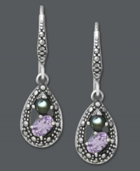 A true reflection of beauty. Genevieve & Grace's teardrop-shaped earrings combine a lovely mix of amethyst (3/4 ct. t.w.), abalone and marcasite for a sweet, sparkling mix. Crafted in sterling silver. Approximate drop length: 1-5/16 inches. Approximate drop width: 3/8 inch. A true reflection of beauty. Genevieve & Grace's teardrop-shaped earrings combine a lovely mix of amethyst (3/4 ct. t.w.), abalone and marcasite for a sweet, sparkling mix. Crafted in sterling silver. Approximate drop length: 1-5/16 inches. Approximate drop width: 3/8 inch.