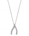 Make a wish! This good luck wishbone pendant shines with the addition of round-cut diamonds (1/10 ct. t.w.). Set in sterling silver with a rhodium-plated chain. Approximate length: 18 inches. Approximate drop length: 2/3 inch. Approximate drop width: 1/3 inch.