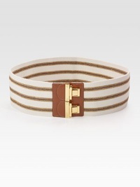 This wide design features a leather accented, double push-lock closure. Width, about 3Imported This wide design features a leather accented, double push-lock closure. Width, about 3Imported
