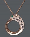 Fiercely glamorous. Signature by Effy Collection's circular panther pendant presents true shine with round-cut white diamonds (1/4 ct. t.w.), black diamond accents, and glowing emerald accents for eyes. Set in 14k rose gold. Approximate length: 18 inches. Approximate drop length: 15/16 inch. Approximate drop width: 13/16 inch.