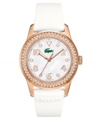 Lacoste seamlessly blends sport and style on this Advantage watch. White logo-stamped rubber strap and round rose gold ion-plated stainless steel case. Bezel embellished with crystal accents. Mother-of-pearl dial features rose gold numerals and dot markers, outer minute track, three hands and iconic crocodile logo at twelve o'clock. Quartz movement. Water resistant to 50 meters. Two-year limited warranty. Lacoste seamlessly blends sport and style on this Advantage watch. White logo-stamped rubber strap and round rose gold ion-plated stainless steel case. Bezel embellished with crystal accents. Mother-of-pearl dial features rose gold numerals and dot markers, outer minute track, three hands and iconic crocodile logo at twelve o'clock. Quartz movement. Water resistant to 50 meters. Two-year limited warranty.