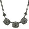 Jet Black Square Floral Crystal Short Necklace