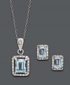 The perfect match. You'll fall head over heels for this luminous jewelry set by Victoria Townsend. Emerald-cut blue topaz gemstones (3-5/8 ct. t.w.) create the perfect focal point amidst an array of sparkling diamond accents. Crafted in sterling silver. Approximate length: 18 inches. Approximate pendant drop: 7/10 inch. Approximate earring drop: 7/20 inch.