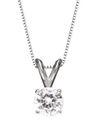 Simply stunning. A round-cut solitaire diamond (3/4 ct. t.w.) always makes a statement. Setting and chain crafted in 14k white gold. Approximate length: 18 inches. Approximate drop: 1/2 inch.