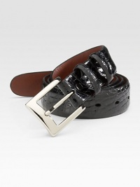 EXCLUSIVELY OURS. Sleek alligator belt with Italian glove leather lining and a nickel-finished brass buckle. About 1¼ wide Made in USA EXCLUSIVELY OURS. Sleek alligator belt with Italian glove leather lining and a nickel-finished brass buckle. About 1¼ wide Made in USA