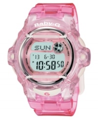 Get in the clear with this sport-ready and translucent watch from Baby-G. Clear pink resin strap and round case. Shock-resistant, digital-display dial with backlight, world time, counter, alarms, countdown, stopwatch, calendar and logo. Quartz movement. Water resistant to 200 meters. One-year limited warranty. Get in the clear with this sport-ready and translucent watch from Baby-G. Clear pink resin strap and round case. Shock-resistant, digital-display dial with backlight, world time, counter, alarms, countdown, stopwatch, calendar and logo. Quartz movement. Water resistant to 200 meters. One-year limited warranty.