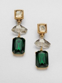 An emerald-cut stone in an elegant drop design. Glass stonePewter and brassDrop, about 2.5Clip-on backMade in USA An emerald-cut stone in an elegant drop design. Glass stonePewter and brassDrop, about 2.5Clip-on backMade in USA