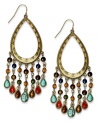 Bohemian beauties. Lauren Ralph Lauren's gypsy earrings flaunt pear-shaped hoops dangling semi-precious tiger's eye and amethyst beads. Set in gold tone mixed metal. Approximate drop: 2-3/4 inches. Approximate diameter: 1 inch.