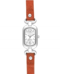 Add an unexpected splash of color with this refined watch from by Nine West. Watch crafted of orange leather strap and oval silver tone mixed metal case. Silver tone dial features tonal applied stick indices, numerals at twelve and six o'clock, silver tone hour and minute hands, sweeping second hand and logo at six o'clock. Quartz movement. Limited lifetime warranty. Add an unexpected splash of color with this refined watch from by Nine West. Watch crafted of orange leather strap and oval silver tone mixed metal case. Silver tone dial features tonal applied stick indices, numerals at twelve and six o'clock, silver tone hour and minute hands, sweeping second hand and logo at six o'clock. Quartz movement. Limited lifetime warranty.