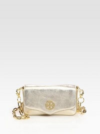 Dazzling metallic leather style with a removable chain strap and classy logo medallion.Detachable chain & leather crossbody strap, 21½ drop Magnetic snap closure Canvas lining 7W X 4H X 1½D Imported Dazzling metallic leather style with a removable chain strap and classy logo medallion.Detachable chain & leather crossbody strap, 21½ drop Magnetic snap closure Canvas lining 7W X 4H X 1½D Imported