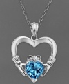 Celtic inspiration. This beautiful Claddagh pendant features a heart-shaped blue topaz (1-5/8 ct. t.w.) a sparkling diamond accent and a polished sterling silver setting. Approximate length: 18 inches. Approximate drop: 1/2 inch.