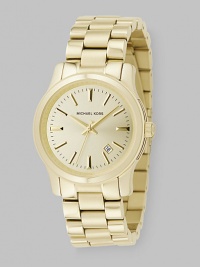 Exquisite stainless steel bracelet design with a goldplated finish is a lustrous accent to any classic look. Quartz movement Round case, 38mm, about 1½ Light champagne dial with super fine sunray finish and stick indexes Date display between four and five o'clock Second hand Stainless steel bracelet with goldplated finish Imported Exquisite stainless steel bracelet design with a goldplated finish is a lustrous accent to any classic look. Quartz movement Round case, 38mm, about 1½ Light champagne dial with super fine sunray finish and stick indexes Date display between four and five o'clock Second hand Stainless steel bracelet with goldplated finish Imported