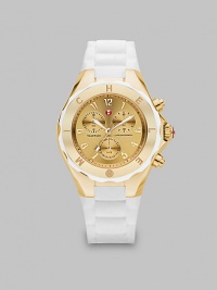 From the Tahitian Jelly Bean Collection. This technical timepiece features a bright goldtone stainless steel case with a sporty silicone strap. Swiss quartz movementWater resistant to 5 ATMRound goldtone stainless steel case, 40mm (1.5) Sunray logo bezelGoldtone stainless steel chronograph dialNumeric hour markersDate sub-dialSecond hand White silicone strapImported From the Tahitian Jelly Bean Collection. This technical timepiece features a bright goldtone stainless steel case with a sporty silicone strap. Swiss quartz movementWater resistant to 5 ATMRound goldtone stainless steel case, 40mm (1.5) Sunray logo bezelGoldtone stainless steel chronograph dialNumeric hour markersDate sub-dialSecond hand White silicone strapImported